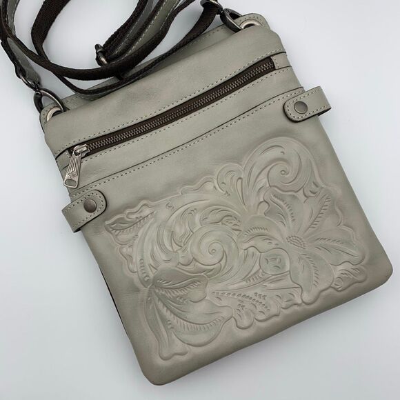 Patricia Nash Burnished Tooled Leather Francesca Organizer Crossbody Bag in Gray - Picture 4 of 12